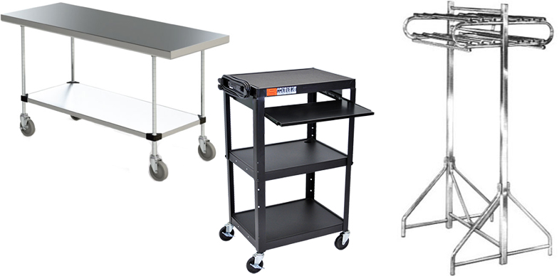 Audio Visual Carts, Coat Racks, Presenation Carts, Tables and Charging Cabinets by Bevco Ergonomic Seating, InterMetro Industries and Luxor Furniture.