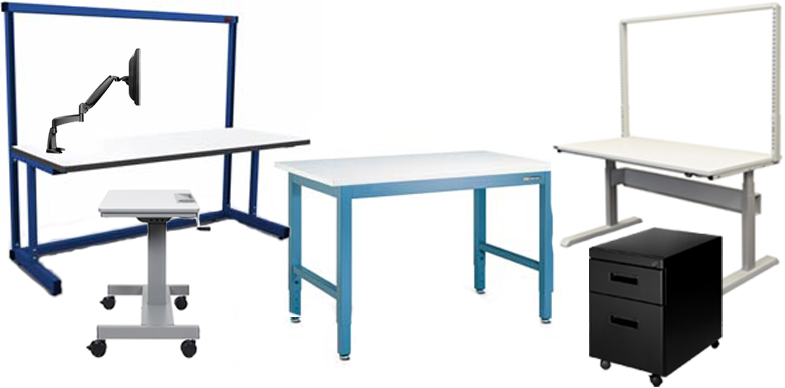 4-Leg Workbenches, Adjustable-Height Workbenches, C-Leg Cantilever Workbenches, Modular Workstations and Packaging Workstations from Production Basics and IAC Industries