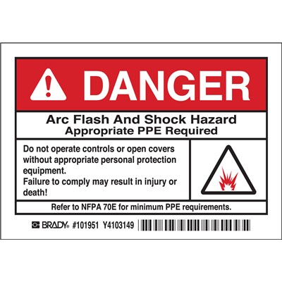 Brady 101951 - Arc Flash Labels - DANGER w/Pictogram - Self-Sticking Polyester - 3.5" H x 5" W x 0.006" D - Pack of 5 Labels - Black/Red on White