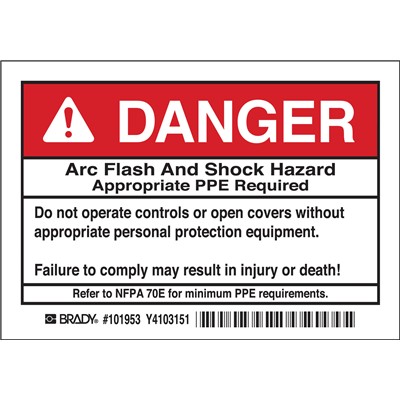 Brady 101953 - Arc Flash Labels - DANGER Arc Flash and Shock Hazard - Self-Sticking Polyester - 3.5" H x 5" W x 0.006" D - Pack of 5 Labels - Black/Red on White