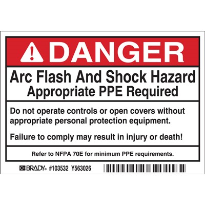 Brady 103532 - Arc Flash Labels - Self-Sticking Polyester - 3.5" H x 5" W x 0.006" D - Display Packing - Pack of 5 Labels - Black/Red on White