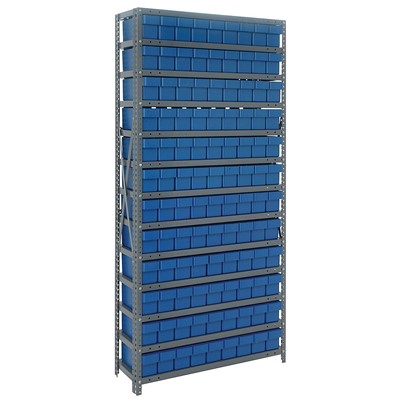 Quantum Storage Systems 1275-501 BL - Super Tuff Euro Series Open Style Steel Shelving w/108 Bins - 12" x 36" x 75" - Blue