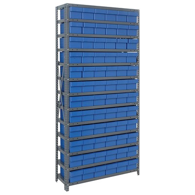 Quantum Storage Systems 1275-601 BL - Super Tuff Euro Series Open Style Steel Shelving w/72 Bins - 12" x 36" x 75" - Blue