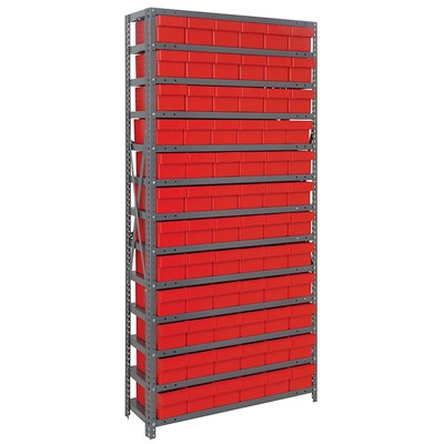 Quantum Storage Systems 1275-601 RD - Super Tuff Euro Series Open Style Steel Shelving w/72 Bins - 12" x 36" x 75" - Red