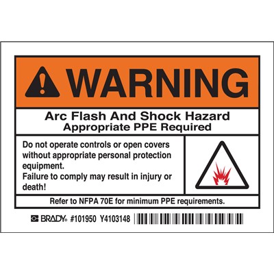 Brady 101950 - Arc Flash Labels WARNING w/Pictogram - Self-Sticking Polyester - 3.5" H x 5" W x 0.006" D - Pack of 5 Labels - Black/Orange on White
