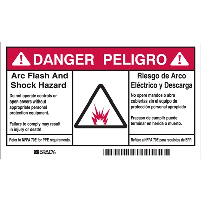 Brady 101955 - Arc Flash Labels - Self-Sticking Polyester - English/Spanish Bilingual - Pack of 5 Labels - Black/Red on White