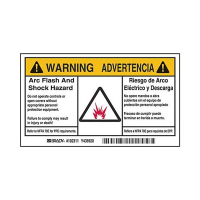 Brady 102311 - Arc Flash Labels - Self-Sticking Polyester - English/Spanish Bilingual - Roll of 100 Labels - Black/Yellow on White