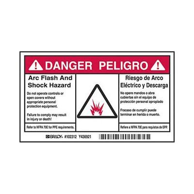 Brady 102312 - Arc Flash Labels - Self-Sticking Polyester - English/Spanish Bilingual - Roll of 100 Labels - 3.5" H x 6" W x 0.006" D - Black/Red on White