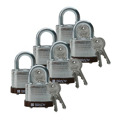 Brady 102696 - Brady Standard-Size Steel Padlocks - 5-Pin Cylinder - 0.75" Shackle Clearance - Keyed Different - Pack of 6 Each