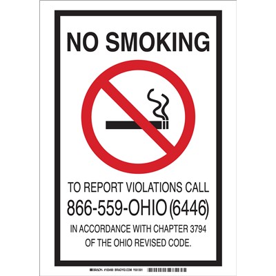 Brady 103490 - Ohio No Smoking To Report Violations Call 866-559-Ohio (6446) Sign - 14" H x 10" W x 0.006" D - Polyester