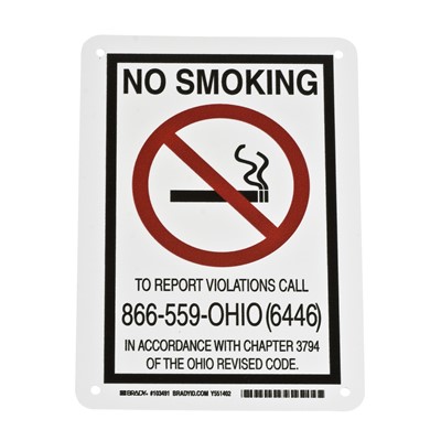 Brady 103491 - Ohio No Smoking To Report Violations Call 866-559-Ohio (6446) Sign - 10" H x 7" W x 0.06" D - Polystyrene