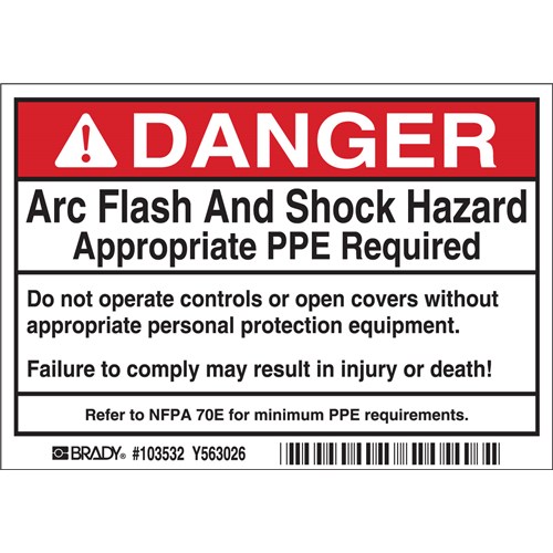 Brady 103532 - Arc Flash Labels - Self-Sticking Polyester - 3.5" H x 5" W x 0.006" D - Display Packing - Pack of 5 Labels - Black/Red on White
