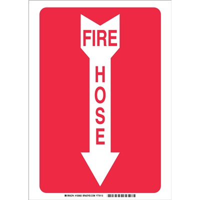 Brady 103602 - Fire Hose Down Arrow Sign - 14" H x 10" W x 0.006" D - White on Red - Polyester