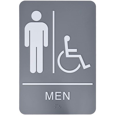 Brady 103863 - Braille Men Sign w/Pictogram, Male Symbol and Wheelchair Symbol - 9" H x 6" W - White on Gray
