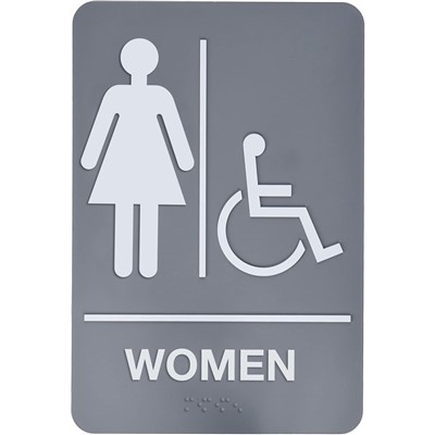 Brady 103866 - Braille Women Sign w/Pictogram, Female Symbol and Wheelchair - 9" H x 6" W - White on Gray