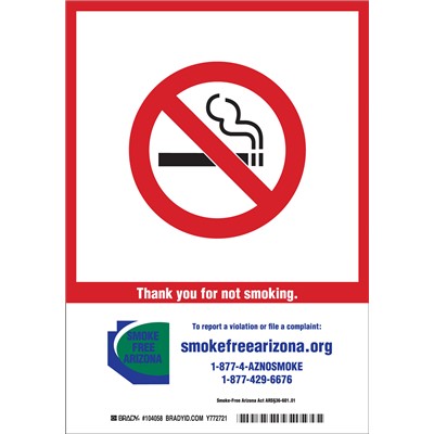 Brady 104058 - Arizona State Thank You For Not Smoking Sign - 10" H x 7" W x 0.006" D - Polyester