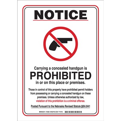 Brady 104064 - NOTICE  Carrying A Concealed Handgun Is Prohibited In Or On This Place Or Premises Sign - 14" H x 10" W x 0.06" D - Polystyrene
