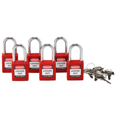 Brady 105890 - Keyed Alike Safety Padlocks - 1.75" H x 1.5" W x 0.8" D - Red - 6/Pack