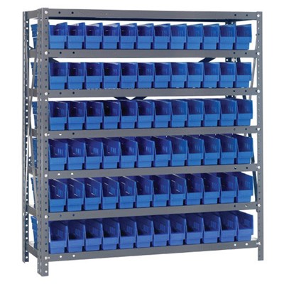 Quantum Storage Systems 1239-100 BL - Economy Series 4" Shelf Bin Steel Shelving w/72 Bins - 12" x 36" x 39" - Blue