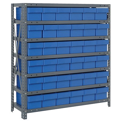 Quantum Storage Systems 1239-601 BL - Super Tuff Euro Series Open Style Steel Shelving w/36 Bins - 12" x 36" x 39" - Blue