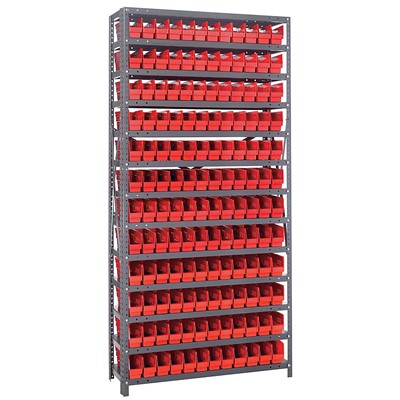 Quantum Storage Systems 1275-100 RD - Economy Series 4" Shelf Bin Steel Shelving w/144 Bins - 12" x 36" x 75" - Red