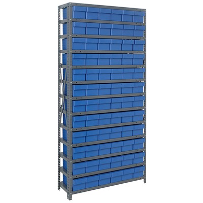 Quantum Storage Systems 1875-602 BL - Super Tuff Euro Series Open Style Steel Shelving w/72 Bins - 18" x 36" x 75" - Blue