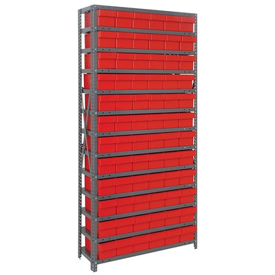 Quantum Storage Systems 1875-602 RD - Super Tuff Euro Series Open Style Steel Shelving w/72 Bins - 18" x 36" x 75" - Red