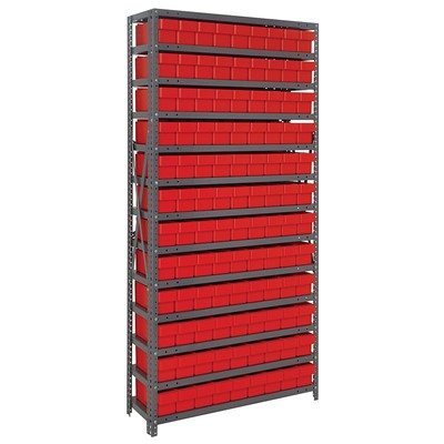 Quantum Storage Systems 1875-604 RD - Super Tuff Euro Series Open Style Steel Shelving w/108 Bins - 18" x 36" x 75" - Red