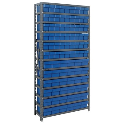 Quantum Storage Systems 1875-624 BL - Super Tuff Euro Series Open Style Steel Shelving w/90 Bins - 18" x 36" x 75" - Blue
