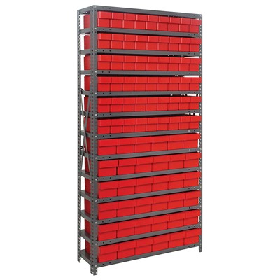 Quantum Storage Systems 1875-624 RD - Super Tuff Euro Series Open Style Steel Shelving w/90 Bins - 18" x 36" x 75" - Red