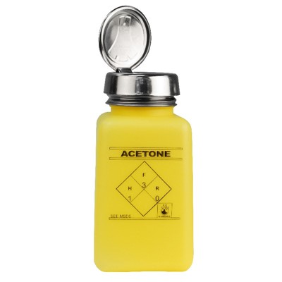Menda 35277 - 6 oz One-Touch Square HDPE Yellow durAstatic Acetone Printed Bottle - 2" x 2" x 4.2" - Yellow/Silver