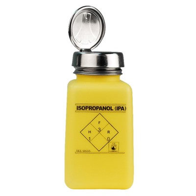 Menda 35278 - 6 oz One-Touch Square HDPE Yellow durAstatic IPA Printed Bottle - 2" x 2" x 4.2" - Yellow/Silver