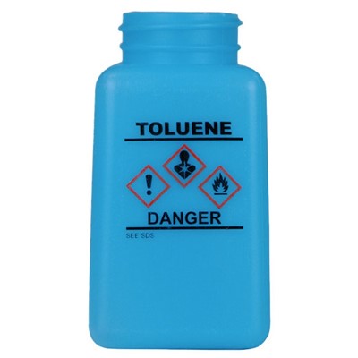 Menda 35761 - 6 oz HDPE durAstatic Toluene Printed Bottle w/HCS Label - 2" x 2" x 4" - Blue