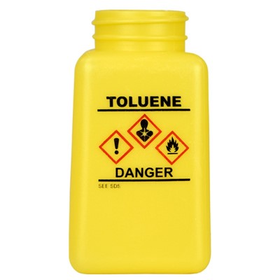 Menda 35762 - 6 oz HDPE durAstatic Toluene Printed Bottle w/HCS Label - 2" x 2" x 4" - Yellow