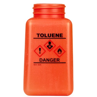Menda 35763 - 6 oz HDPE durAstatic Toluene Printed Bottle w/HCS Label - 2" x 2" x 4" - Orange