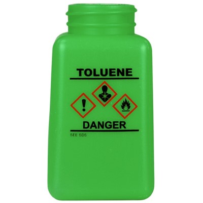 Menda 35764 - 6 oz HDPE durAstatic Toluene Printed Bottle w/HCS Label - 2" x 2" x 4" - Green