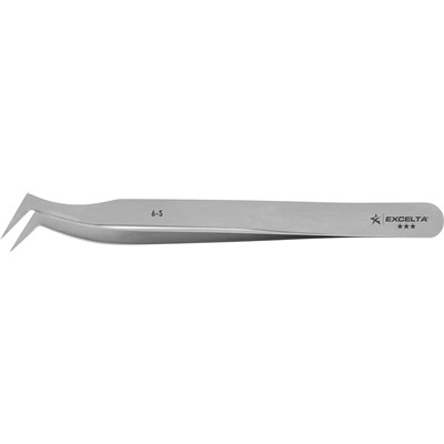 Excelta 6-S - 3-Star High Precision Angled Tip Flat Point Tweezers - Stainless Steel - 4.5"