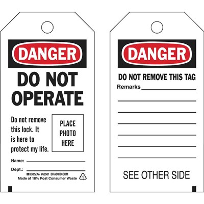 Brady 65501 Photo Tags: DANGER Do Not Operate Do Not Remove This Lock Polyester 5.75x3 10PK