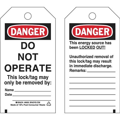 Brady 65502 DANGER Do Not Operate Energy Source Lockout Tagout Tags - Polyester - 5.75" x 3" 25PK
