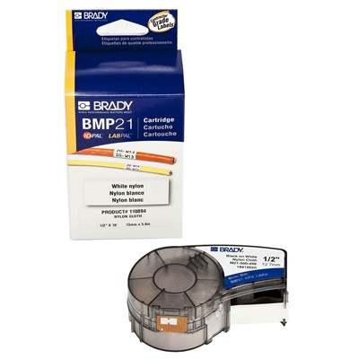 Brady M21-500-499 - B-499 Nylon Cloth Label for BMP21 / LABPAL™ / ID PAL™ Label Printers - 0.5" x 16' - Black on White