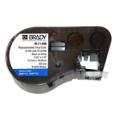 Brady M-11-498 - B-498 Repositionable Vinyl Cloth Label for BMP41 / BMP51 / BMP53 - 0.5" x 0.75" - White