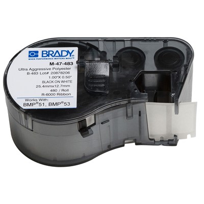Brady M-47-483 - B-483 M-Series Polyester General Purpose Label Cartridge - 1" x 0.5" - White