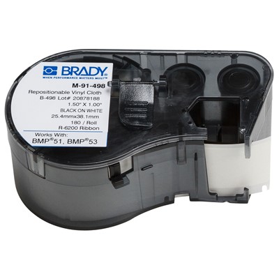 Brady M-91-498 - B-498 M-Series Vinyl Cloth Label Cartridge - 1" x 1.5" - White
