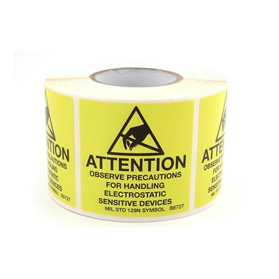 Botron B6727 - Self Adhesive ESD Awareness MIL Label Roll - 2" x 2" - Bright Yellow