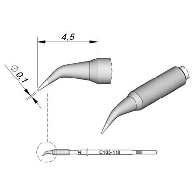 JBC Tools C105-118 - C105 Series Soldering Cartridge - Bent Conical - 0.1 mm x 4.5 mm