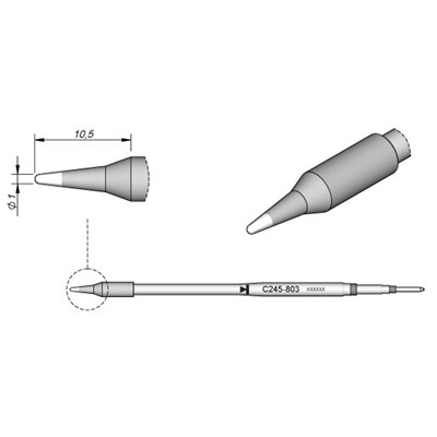 JBC Tools C245-803 - C245 Series Soldering Cartridge - Round - 1 mm x 10.5 mm
