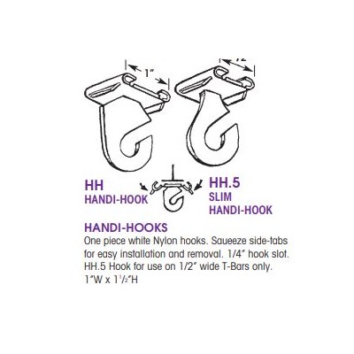 Hang-Ups Unlimited - HH.5 - T-Bar Clip Hooks - Plastic - ¼" hook slot. ½"W x 1½"H - White