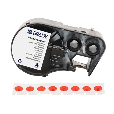 Brady M4-82-499-RD-BK Aggressive Adhesive Multi-Purpose Nylon Labels - 0.375" Dia - Black on Red - RL/240