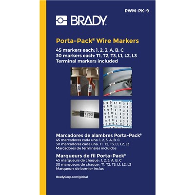 Brady PWM-PK-9 Vinyl Cloth Porta-Pack® Wire Markers - Black on White - Legend: 1 - 2 - 3 - A - B - C - T1 - T2 - T3 - L1 - L2 - L3