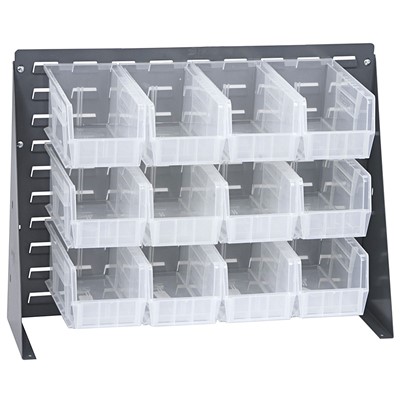 Quantum Storage Systems QBR-2721-230-12CL - Clear-View Series Louvered Panel Bench Rack w/12 QUS230CL Bins - 27"L x 8"W x 21"H - Gray